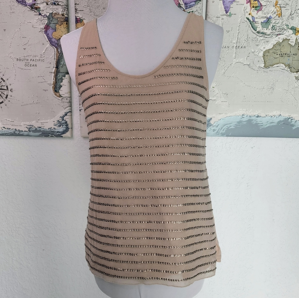 Ann Taylor LOFT Nude Tan Sleeveless Tank Top w Sequins and Beading Sz S Lined